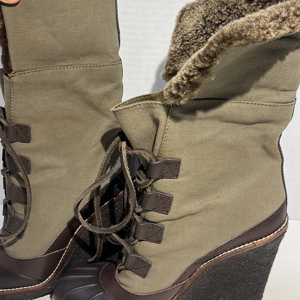 Tory Burch Wedge Brown/Washed Kahki/Charcoal Boots Sz 8 - Picture 9 of 13